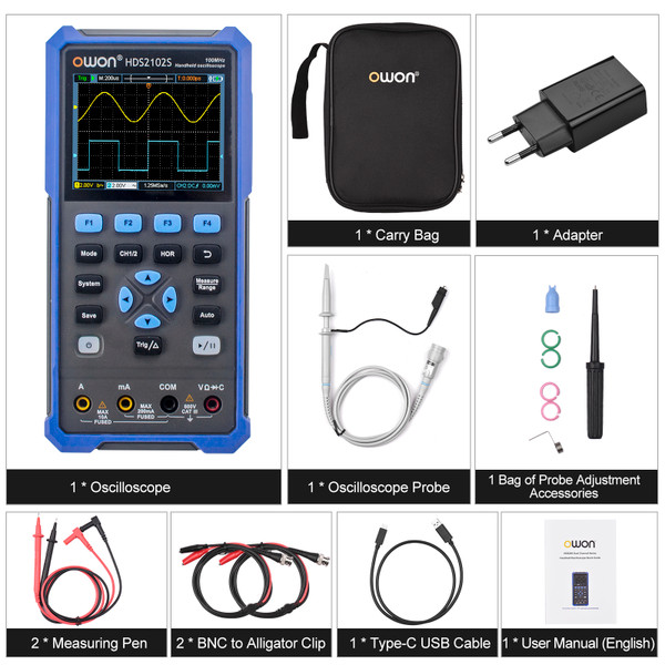 OWON HDS2102S 3 in 1 Handheld Digital Oscilloscope Multimeter Waveform Generator 100MHz 500MSa/s Dual Channels Oscilloscope True RMS 20000 Counts Multi Tester 3.5-inch Color LCD Rechargeable Type-C Interface