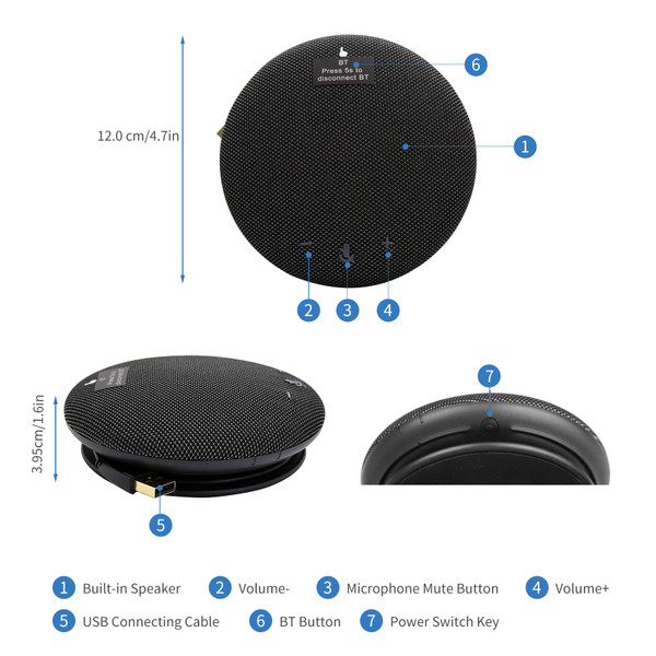 Portable BT Conference Microphone Speakerphone Built-in Speaker 360° Omnidirectional Mic with Mute Function Volume Adjustment for PC Computer Laptop Mobile Phone Home Office Video Meeting Recording Chatting Gaming Online Class