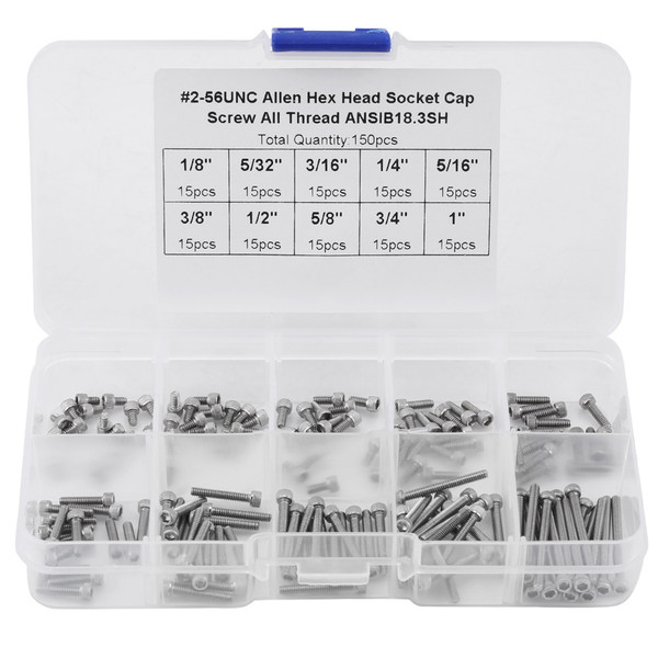 150PCS 9 Sizes Hex Socket Cap Head Screws Assortment Set with Plastic Box #2‑56 UNC