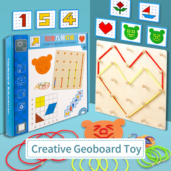 Wooden Geoboard Mathematical Manipulative Material 5x5 Array Geo Board with Elastic Bands Pattern Cards Threading Board Graphical Montessori Education Learning Toy Gift for Students Children Boys and Girls