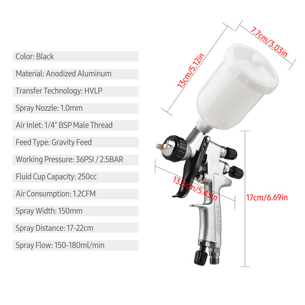HVLP 1.0mm Air Spray Gun Kit 250cc Fluid Cup  Feed Air Paint Sprayer Mini Handheld 360-degree Paint Spraying Gun for Car Repair Furniture Surface Wall Painting DIY Models