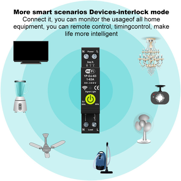 Tuya WiFi Intelligent Circuit Breaker ON OFF Timing Photovoltaic Bidirectional Metering Energy Meter Automatic Reclosing Protector with Metering and Prepaid Function Compatible with Alexa and  Assistant for Voice Control