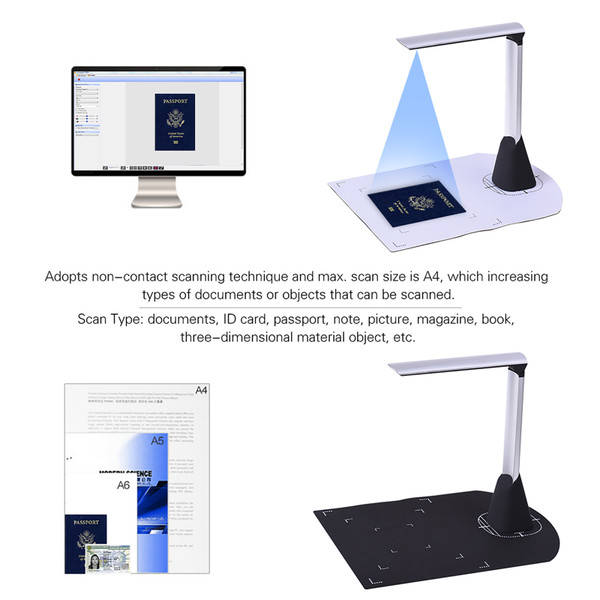 Portable High Speed USB Book Image Document Camera Scanner 5 Mega-pixel HD High-Definition Max. A4 Scanning Size with OCR Function LED Light for Classroom Office Library Bank