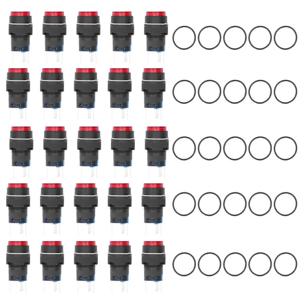 25Pcs Button Switch Momentary Self Locking 5 Pin 16mm with Light 24V Set Kit for EquipmentRed