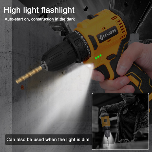 Geevorks 16.8V Cordless Driver Drill Household Brushless Motor Electric Screwdriver Regulation Rotation Ways Adjustment Lithium Drill Home Improvement Power Tool