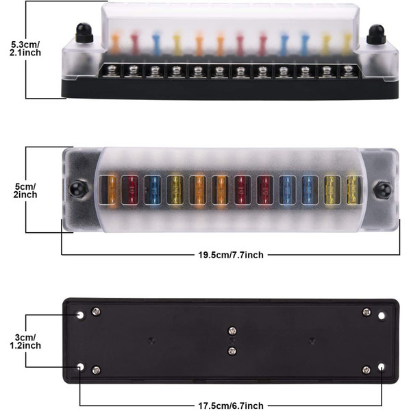 12 Way Fuse Block, Positive and Negative Anodes 12V-32V Blade Fuse Holder ATC/ATO Standard Fuse Box with Label Stickers Transparent Waterproof Cover Fuse Panel for Automotive Cars Trucks RVs Campers Vans
