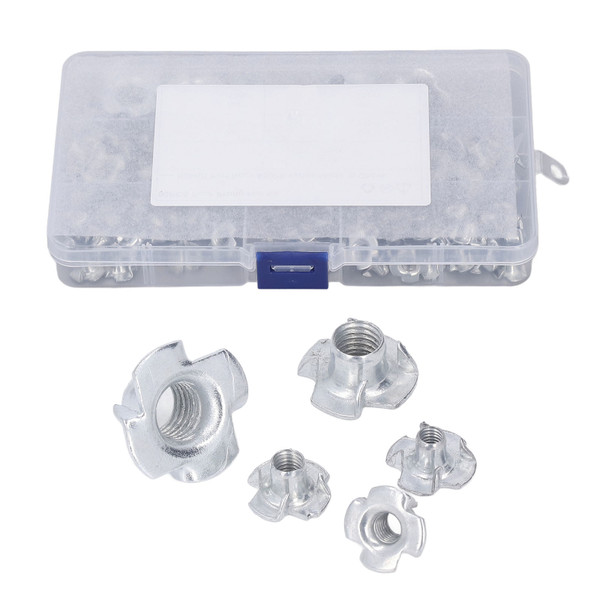 80 Pcs T Nut Set 5 Specifications Carbon Steel White Zinc Plating Rust Resistance High Hardness 4 Pronged Tee Nuts