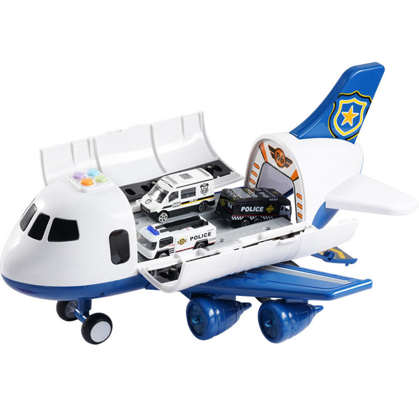 Children's Themed Airplane Model Toy with Lights and Sounds Functions Airplane Model Toy with 6pcs Alloy Car Police Theme