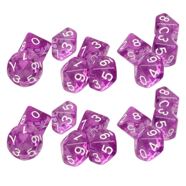 20pcs Digital Dice 10 Sided Transparent Clear Numbers Teaching Dice Set for Table Game Kids Math Learning Purple