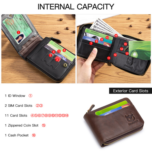 Leather Bifold Zipper Wallet for Travel Purse Pouch