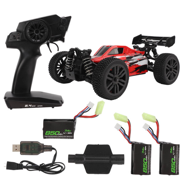1/14 RC Off Road Vehicle 2.4Ghz 4 Wheel Drive 40Km/h High Speed Splashproof High Grip Remote Control Car Red Three Battery