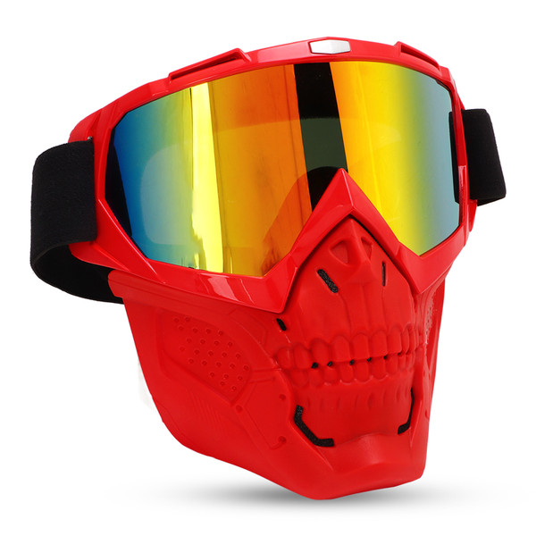 Motorcycle Skull Goggle Face Cover Off Road Cycling Windproof Helmet Goggles Glasses with Face Cover Red Frame Red Lens