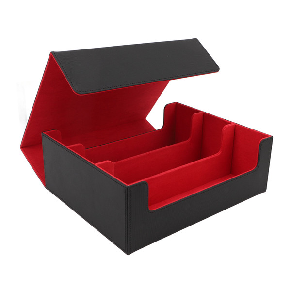 Card Deck Box 3 Rows Large Capacity Magnetic Closure PU Leather Card Deck Storage Case for Game Cards Tarot Cards Black Shell with Red Lining