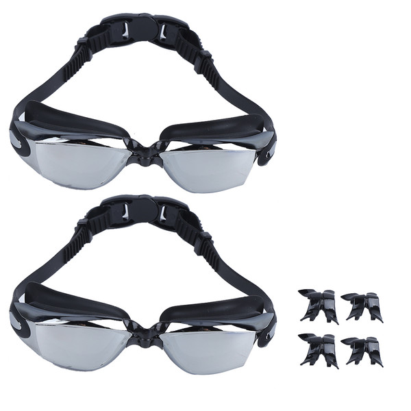 2Pcs Swimming Goggles Adult Large Frame Anti Fog Electroplating Silicone WaterproofBlack Silver Plated