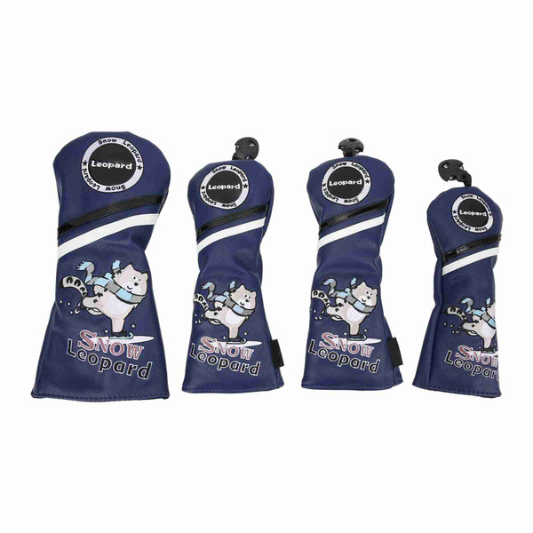 4Pcs 1/3/5/UT Golf Wood Headcovers Cartoon Snow Leopard Pattern PU Leather Head Covers Set