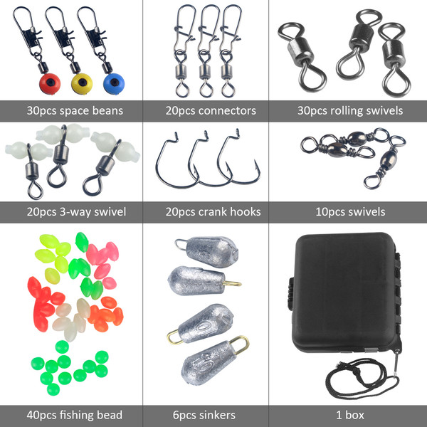 177pcs Fishing Accessories Kit Crank Hooks Sinker Weights Swivels Snaps Connectors Beads Fishing Tackle Box Set