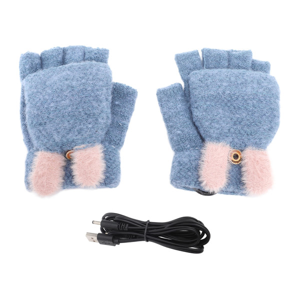 USB Heated Knitted Flap Gloves Half Finger 5V Winter Heating Computer Gloves for Typing Game Blue