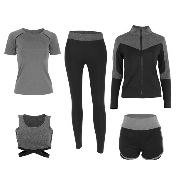 Womens Casual 5 Piece Yoga Fitness Outfits Sets Comfortable Workout Clothes Suit(Gray FivePiece Suit )