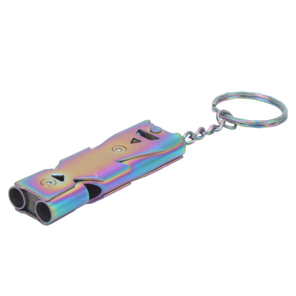 Outdoor Survival Whistle with Keychain Stainless Steel Double Tubes Safety WhistleColorful Titanium Color