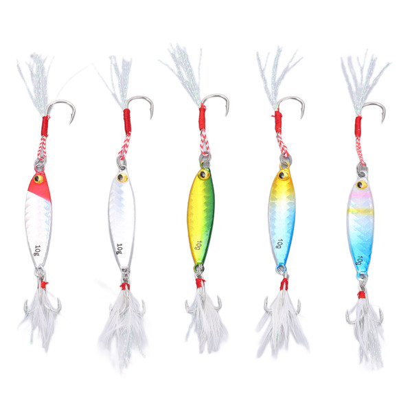 5Pcs 10g Jig Fishing Lure Metal Jig Baits Artificial Lure with Feather Hooks Fishing Tackles for Bass