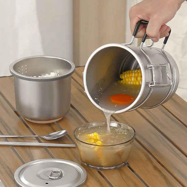 Portable 304 Stainless Steel Camping Cooking Pot Large Capacity Multi-functional Steaming Pot with Removable Handle