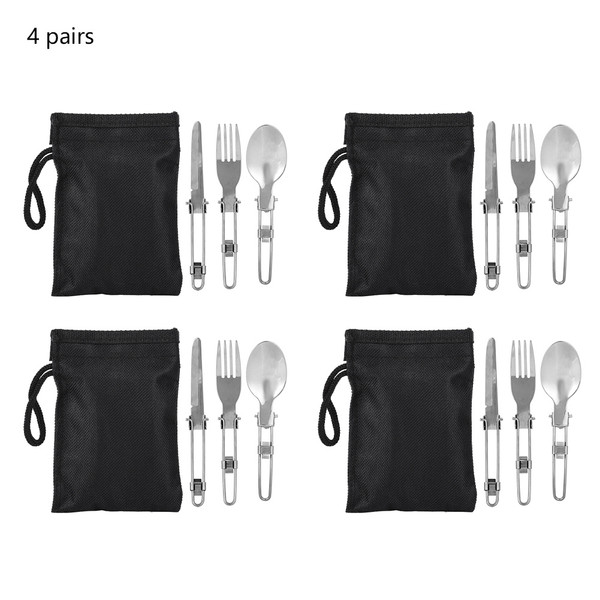 Outdoor Portable Tableware Set Folding Stainless Steel  Spoon Fork Knife with Cloth Storage Bag for Camping Picnic