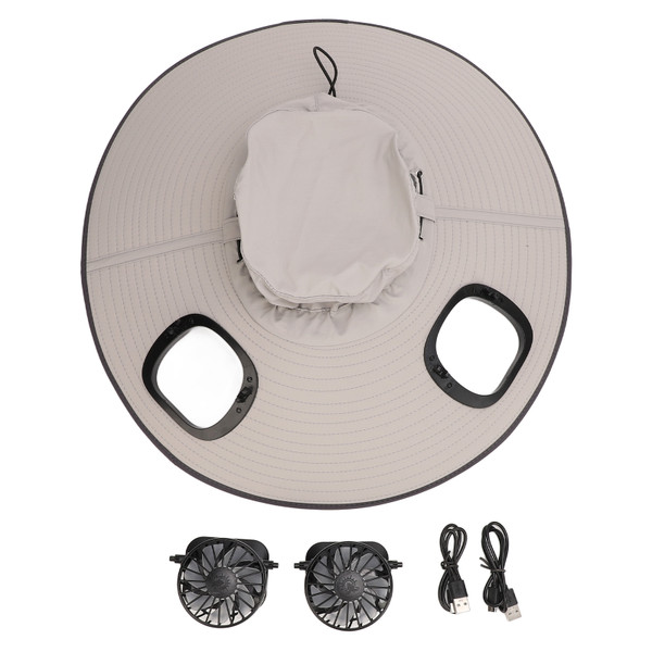 Sun Hat Wide Brim Breathable Sun Proof Fisherman Hat with 2 Solar Fans 3 Speed Adjustable Windproof Belt for Men Light Gray