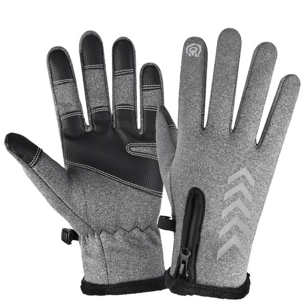 Cycling Warm Gloves Windproof Waterproof Thermal Gloves Anti Slip Full Finger Gloves for Fitness Fishing with Arrowhead Zipper Grey