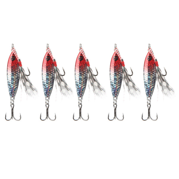 5Pcs Artificial Fishing Lure Lifelike Fishing Bait with Treble Hook for Saltwater Freshwater Red Head Silver Body
