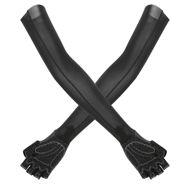 A Pair Elastic Polyurethane Black Road Bike Cycling Anti Skid Sunscreen Long Gloves Sports Arm Sleeves(Black M)