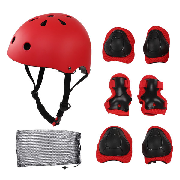 7pcs/set Children Safety Helmet Knee Elbow Pad Sets Breathable Riding Skating Protective Gear SetRed