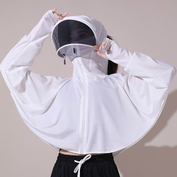 Women Long Sleeve Sun Protection Clothing Summer Ultraviolet Resistant Breathable Cycling Hoodie Shirt Ice Silk Sunscreen Cover Thin Coat L Size White