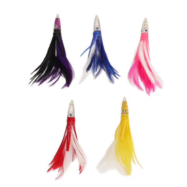 5Pcs Feather Trolling Fishing Lures Colorful Feather Jet Head Trolling Lures Saltwater