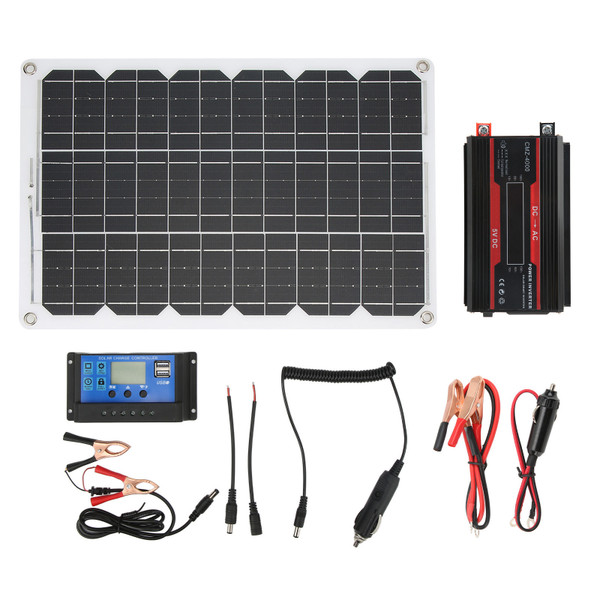 Solar Panel System with Color Display Dual USB4.2A 18W18V Solar Panel 30A12V 24V Solar Controller Inverter for Camping Black 12V to 110V