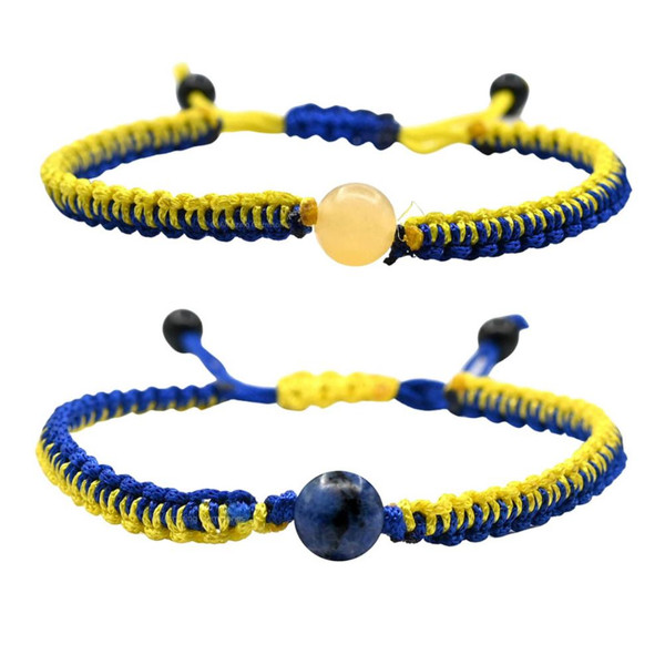 2Pcs Ukraine Bracelet with Natural  Crystal Beads Adjustable Handmade Braided Blue Yellow Ukrainian Flag Jewelry for Yoga Meditation