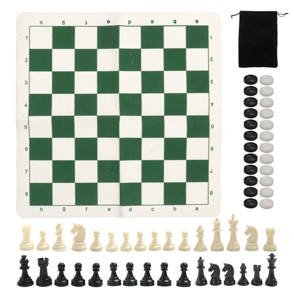 Portable Chess Checkers Set for Kids Adults Folding Roll Up Chess Game Sets 24 Checker Pieces with Storage Bag Green and White