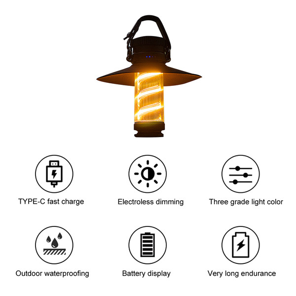 Outdoor Portable Cordless Camping Light Tent Lantern Multifunctional USB Rechargeable Hung Lamp Stepless Dimming LED HandLight Fishing Flashlight