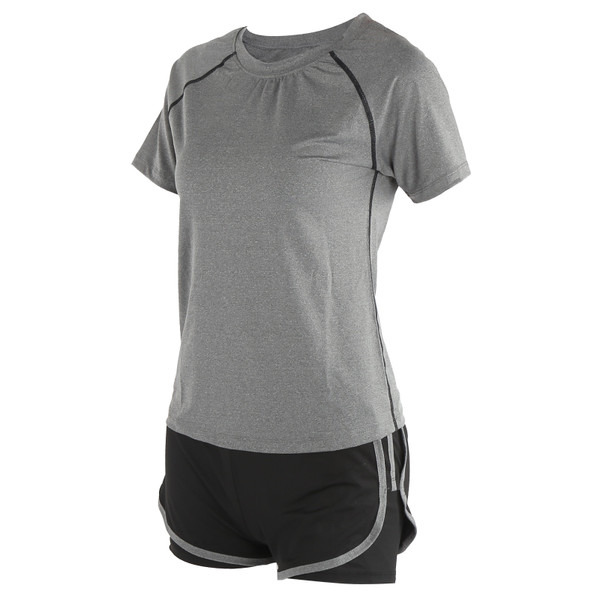 Womens Summer Casual 2 Piece Short Sleeve Outfits Sets Workout Fitness Clothes Suit(Grey Short Sleeve Black Grey High Waist Shorts XL)