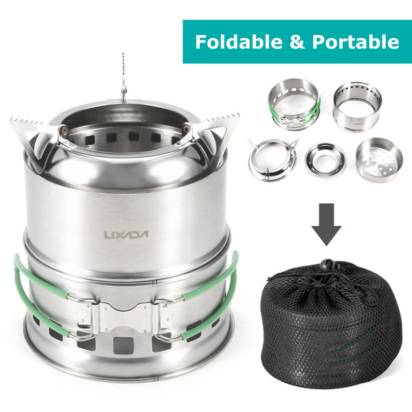 Lixada Folding Stainless Steel Camping Stove Portable Outdoor Wood Burning Stove with Foldable Handles and Alcohol Tray for Camping Hiking Backpacking Picnic BBQ