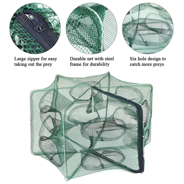 Foldable Fishing Net Hexagon 6 Hole Fishing Net Shrimp Cage Trap Minnow Crab Baits Mesh Trap Net