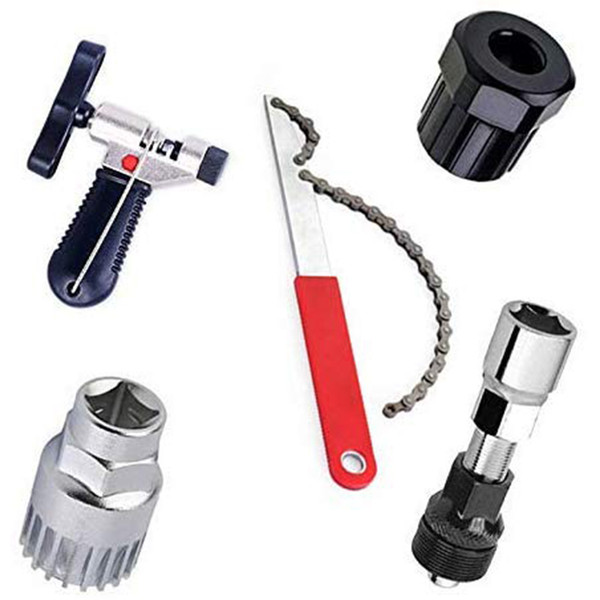 5pcs Repair Tools Kit Freewheel Removal Wrench + Crank Puller Extractor + Sprocket Lockring Remover + Bottom Bracket Removal + Chain Splitter with Bike Spoke Wrench