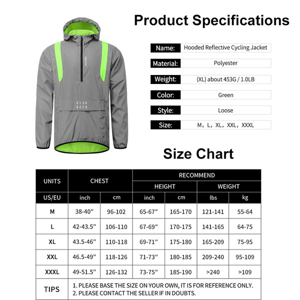 Men Reflective Cycle Jacket Windproof Hooded Bike Jacket Coat for Running Hiking Walking Night Safety Jacket
