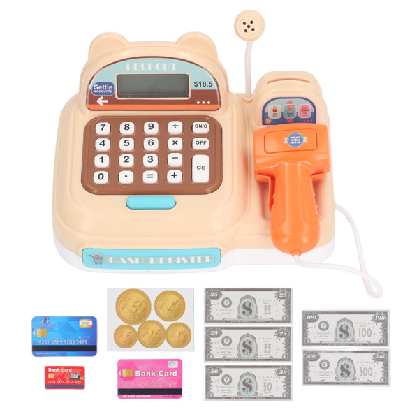 Children Play Cash Register Toy Fun Supermarket Checkout Toy with Microphone Sounds for Boys Girls Toddlers Brown