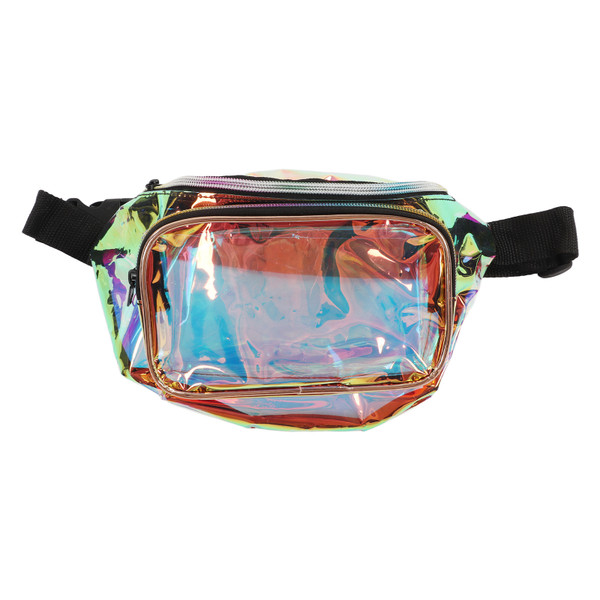 Transparent Iridescent Fanny Pack Shiny Waist Belt Bag with Zipper Waterproof PVC for Travel Party Running Hiking