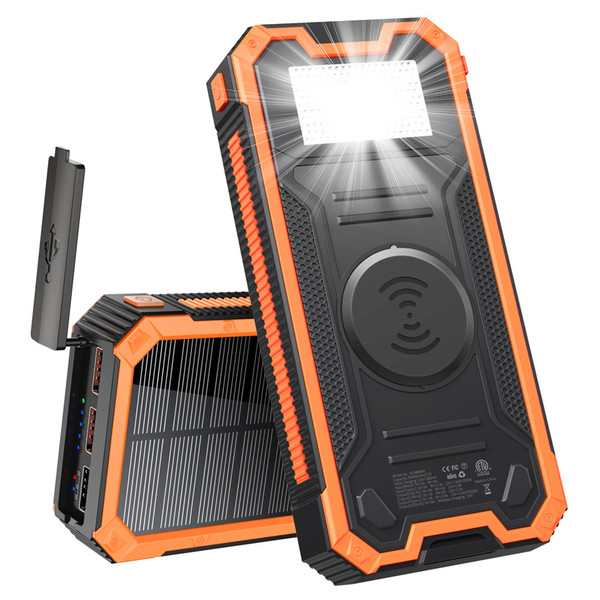 Wireless Solar Power Bank 30000mAh Waterproof Solar Charger DP Fast Charging with LED Flashlights External Battery Pack for Outdoor Camping