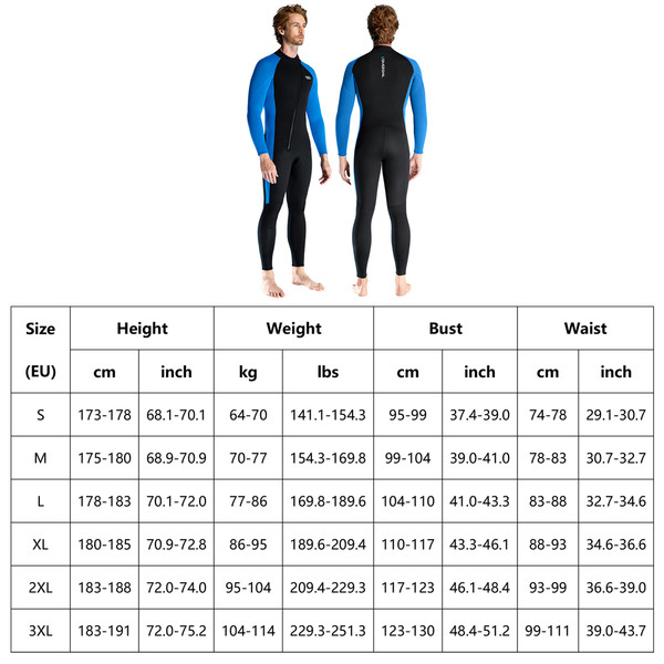 Men 3mm Neoprene Wetsuits Adult One Piece Full Body Long Sleeves Diving Suit