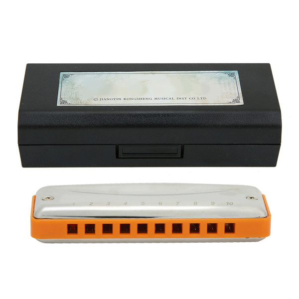 Blues Harmonica 10‑Hole Mouthorgan E Key Wind Instrument Waterproof Corrosion‑Resistant(Orange )