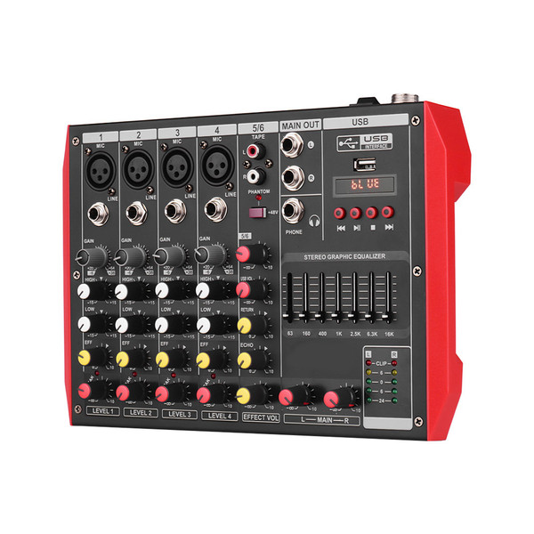 D6 Portable 6-Channel Mixing Console Mixer 7-band EQ Built-in 48V Phantom Power Supports BT Connection USB MP3 Player for Music Recording DJ Network Live Broadcast Karaoke