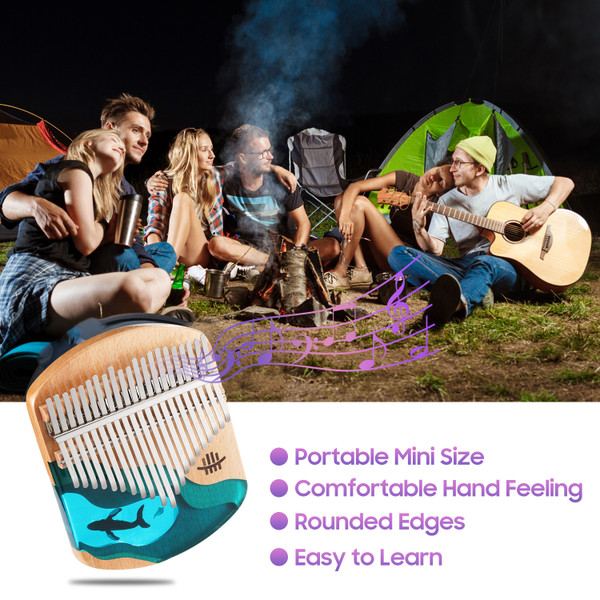 Hluru  Piano 21 Keys Beech Wood Thumb Finger Piano Portable Musical Instrument Blue Ocean Whale Pattern for Kids Adults Beginners with Tuning Hammer Songbook