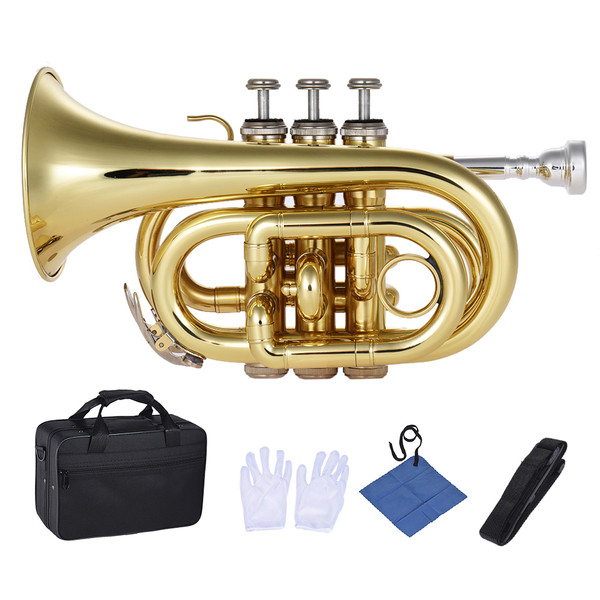 LADE Professional Palm Pocket Trumpet Tone Flat B Bb Brass Wind Instrument with Mouthpiece Gloves Cloth Brush Grease Hard Case